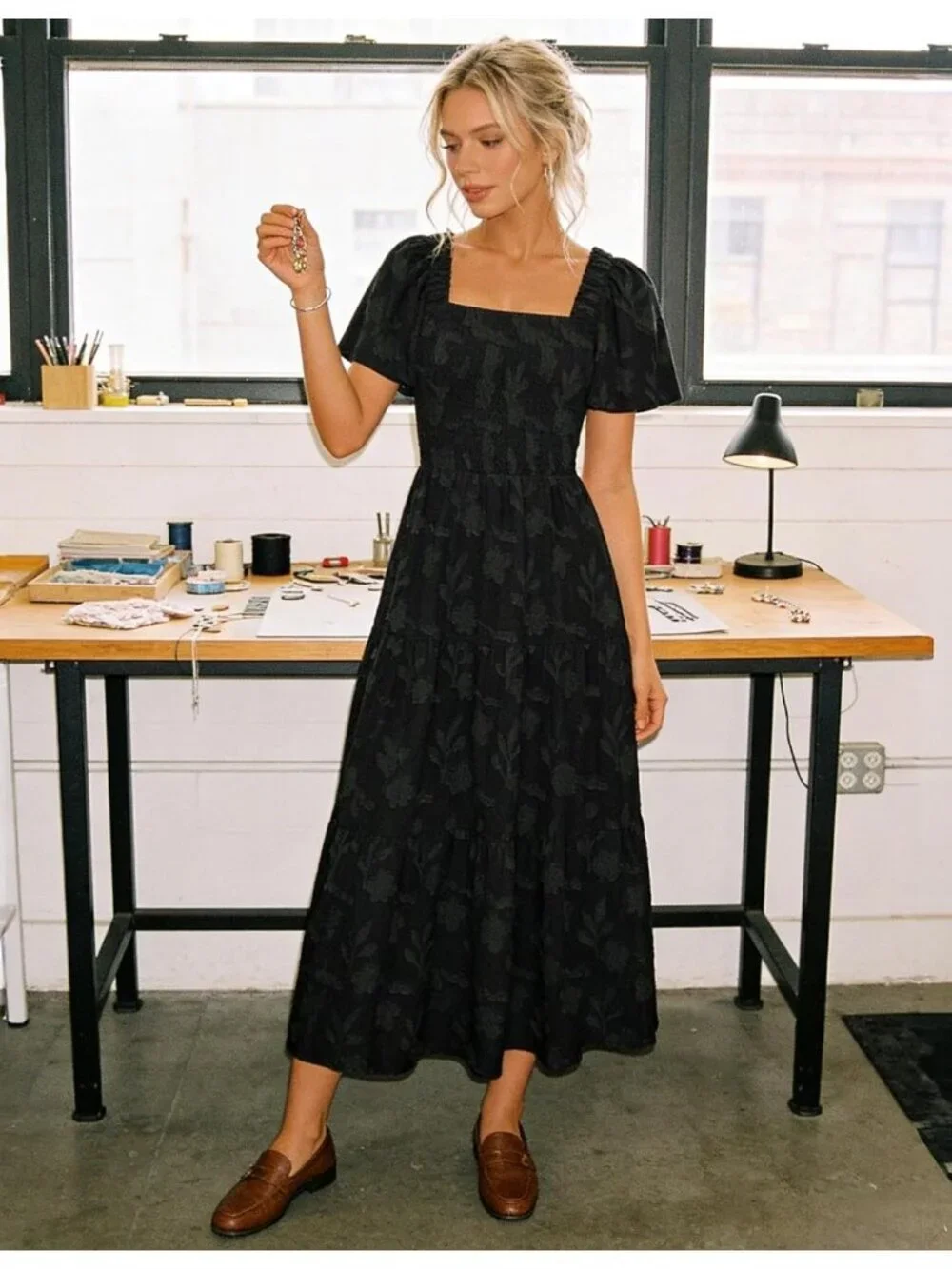 Women‘s Summer Boho Floral Midi Dress Black Short Sleeve Square Neck Flowy Beach